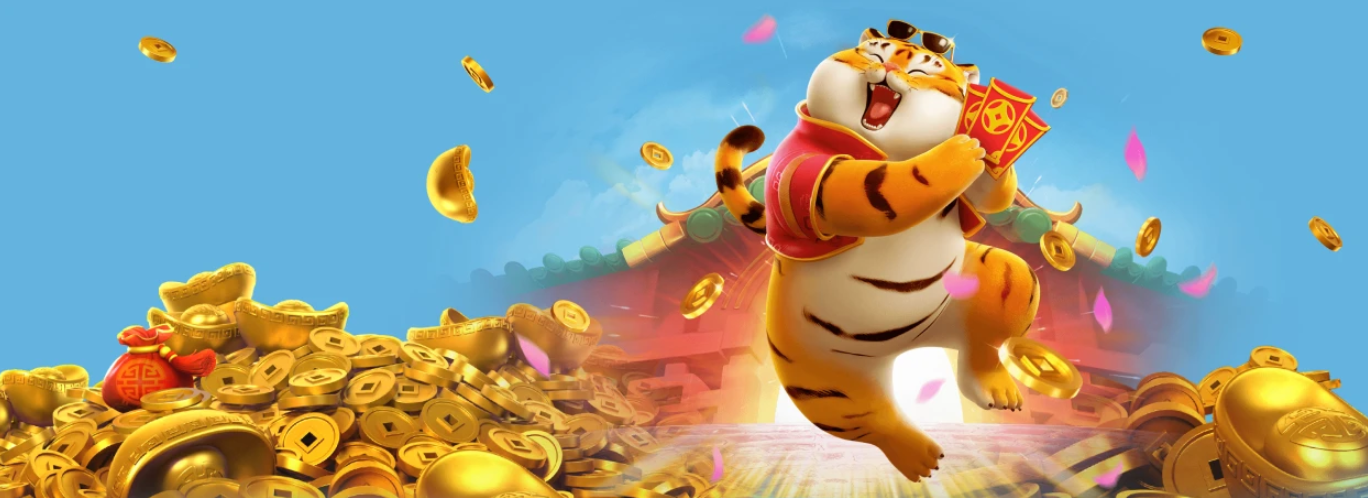 Fortune Tiger character celebrating amidst gold coins